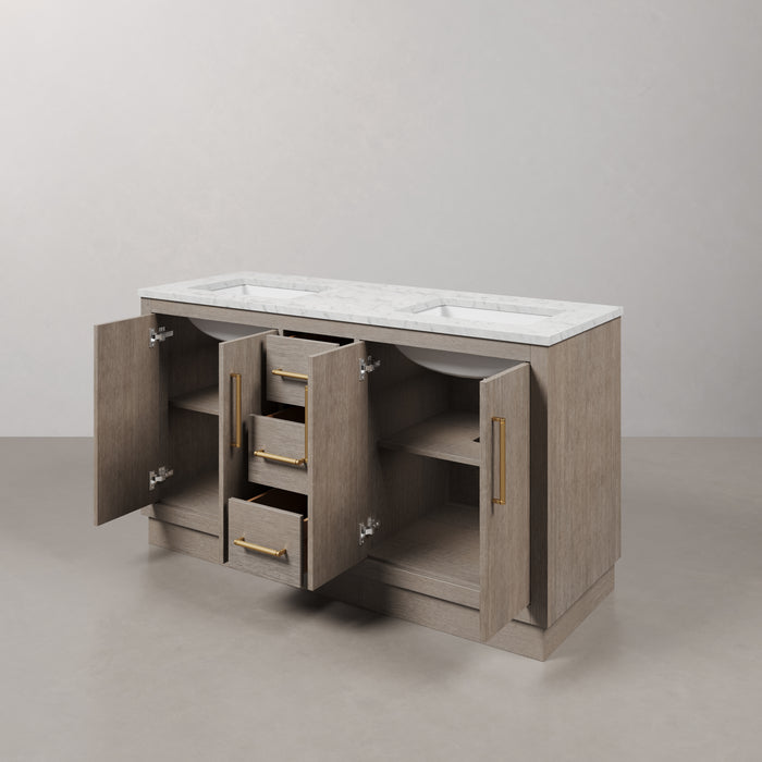 60" Grey Oak Millstone Double Sink Bathroom Vanity with Carrara White Marble Countertop & Gold Hardware
