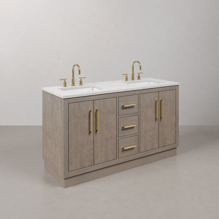 60 Inch Morpheus Grey Oak Double Vanity with Carrara Marble Countertop with Gooseneck Faucets & Rectangular Mirrors