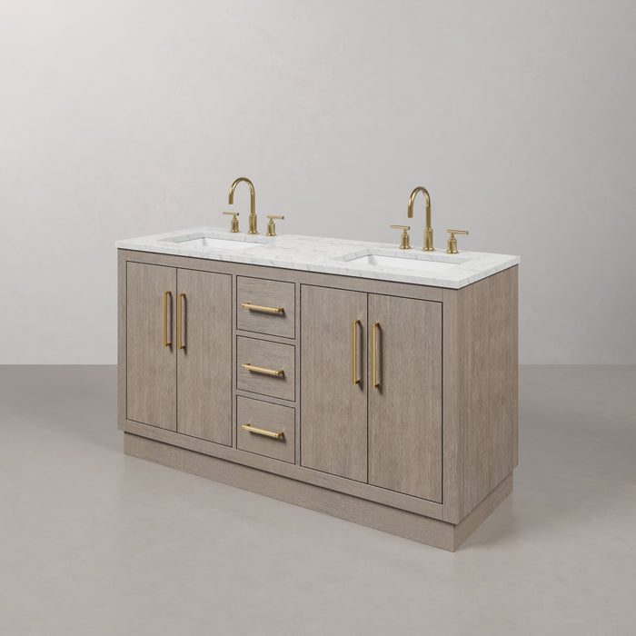 60 Inch Morpheus Grey Oak Double Vanity with Carrara Marble Countertop with Gooseneck Faucets & Rectangular Mirrors