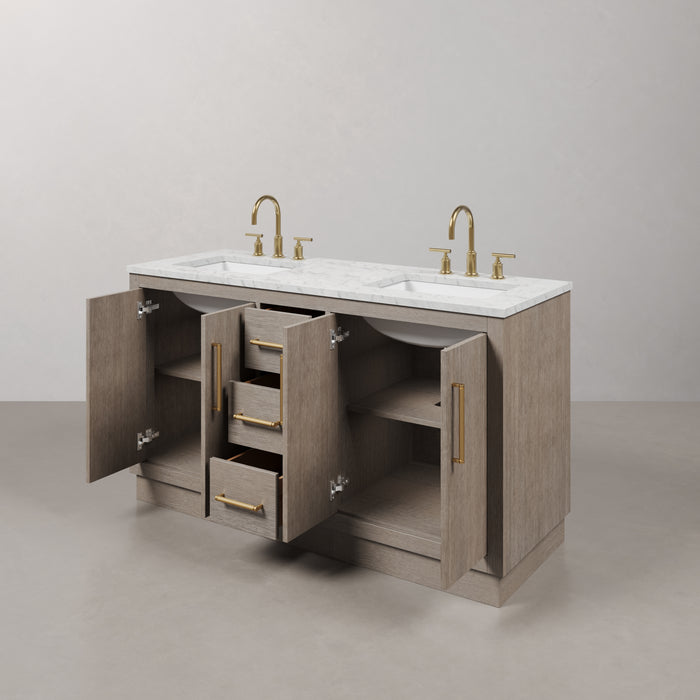60 Inch Morpheus Grey Oak Double Vanity with Carrara Marble Countertop with Gooseneck Faucets & Rectangular Mirrors