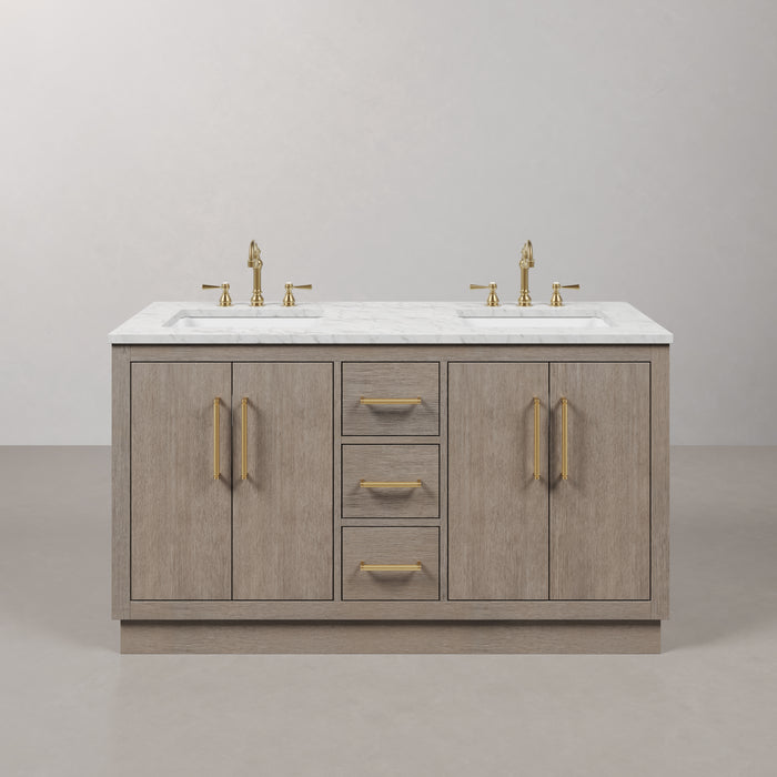 60 Inch Double Sink Mizu Carrara White Marble Countertop Bath Vanity in Grey Oak with Satin Gold Hardware and Hook Faucets