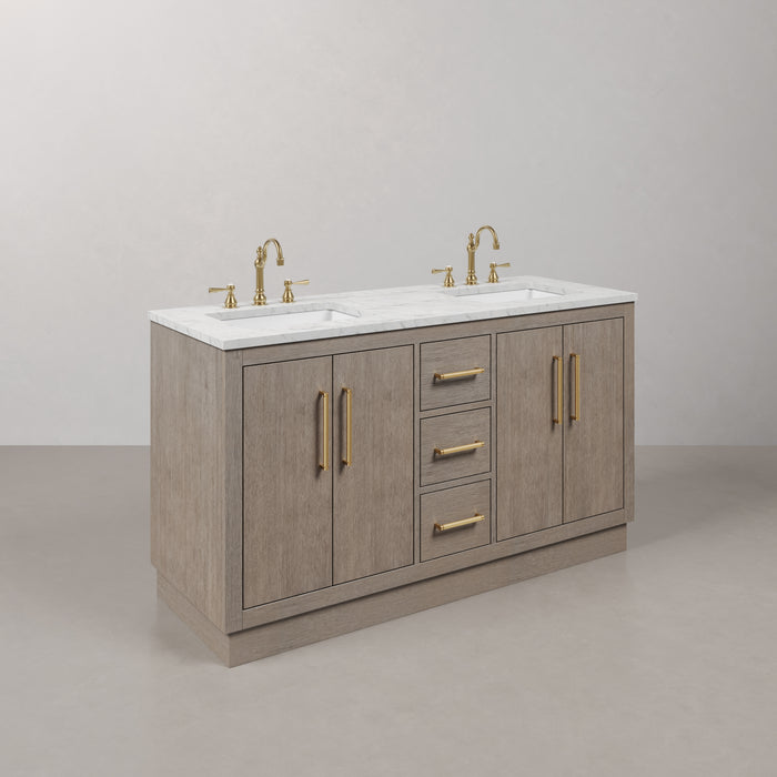 60 Inch Double Sink Mizu Carrara White Marble Countertop Bath Vanity in Grey Oak with Satin Gold Hardware and Hook Faucets