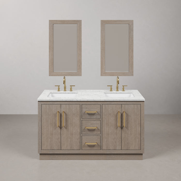 60 Inch Morpheus Grey Oak Double Vanity with Carrara Marble Countertop with Gooseneck Faucets & Rectangular Mirrors