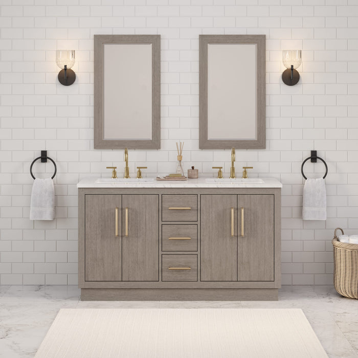 60" Grey Oak Millstone Double Sink Bathroom Vanity with Carrara White Marble Countertop & Gold Hardware