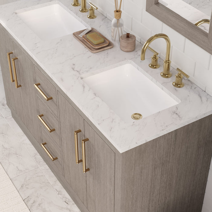 60" Grey Oak Millstone Double Sink Bathroom Vanity with Carrara White Marble Countertop & Gold Hardware