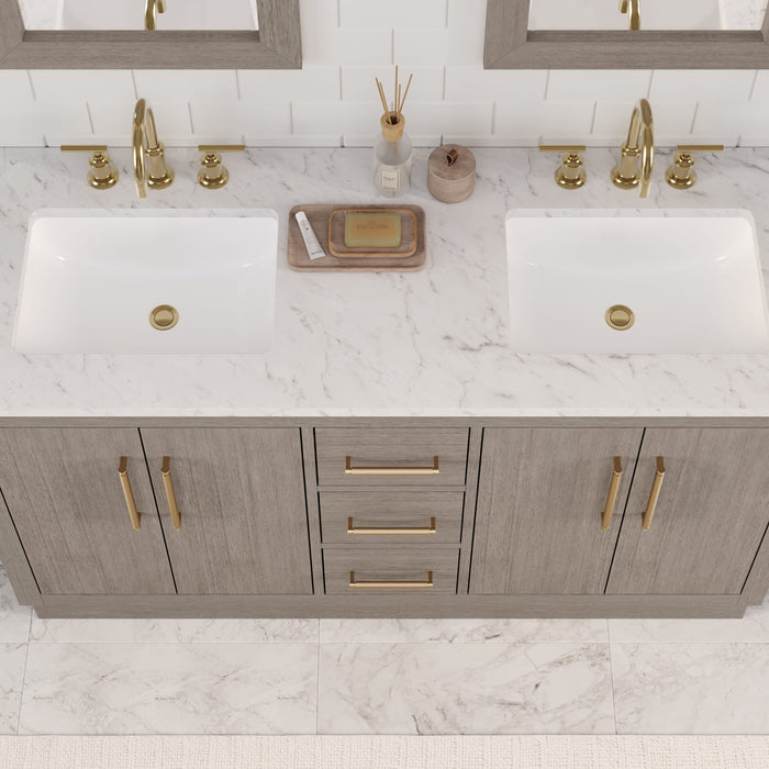 60" Grey Oak Millstone Double Sink Bathroom Vanity with Carrara White Marble Countertop & Gold Hardware