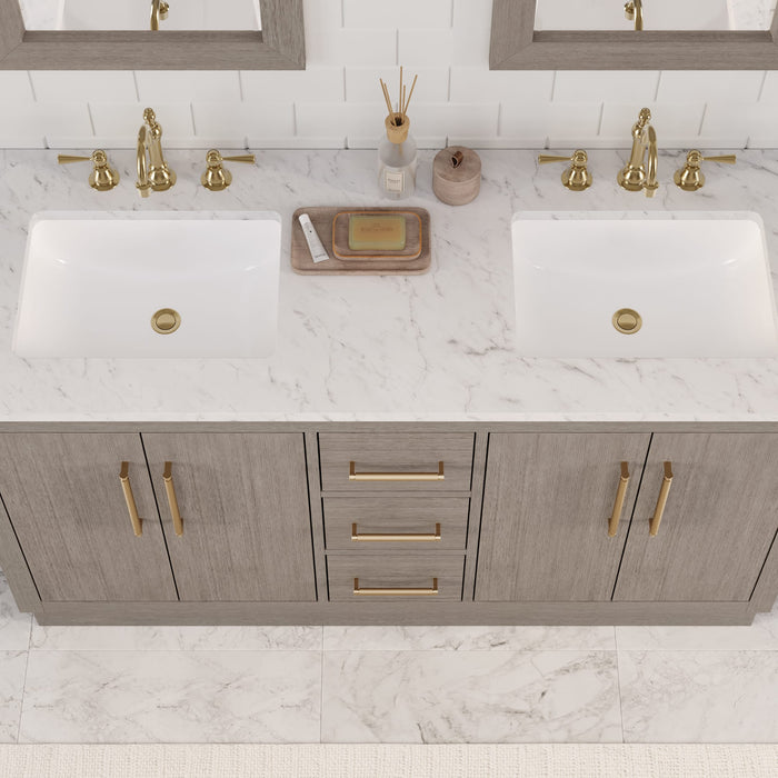 60 Inch Double Sink Mizu Carrara White Marble Countertop Bath Vanity in Grey Oak with Satin Gold Hardware and Hook Faucets
