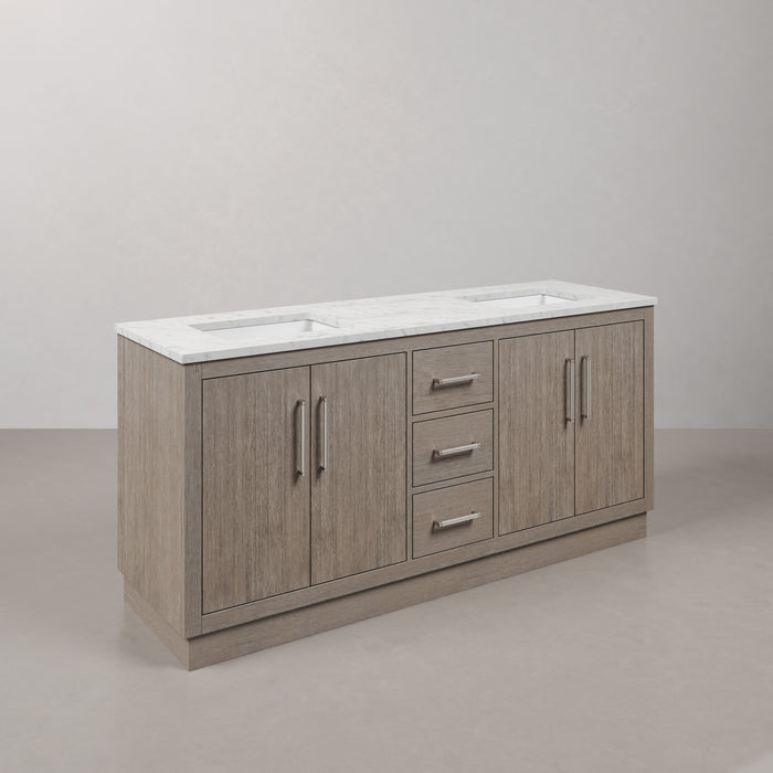 72 Inch Murano Grey Oak Double Sink Bathroom Vanity with Carrara White Marble Countertop & Chrome Hardware