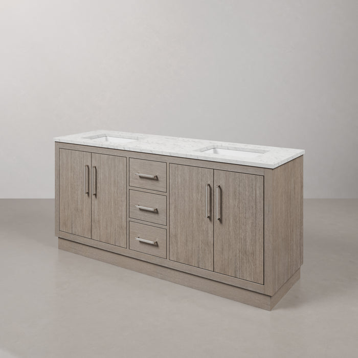 72 Inch Murano Grey Oak Double Sink Bathroom Vanity with Carrara White Marble Countertop & Chrome Hardware