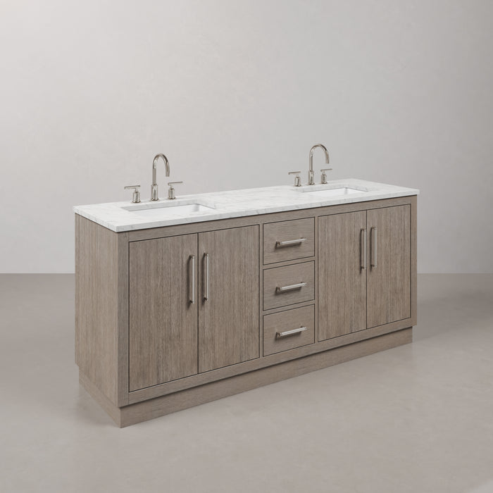 72 Inch Moonstone Grey Oak Double Vanity with Carrara White Marble Top Undermount Sinks with Chrome Hardware & Gooseneck Faucets