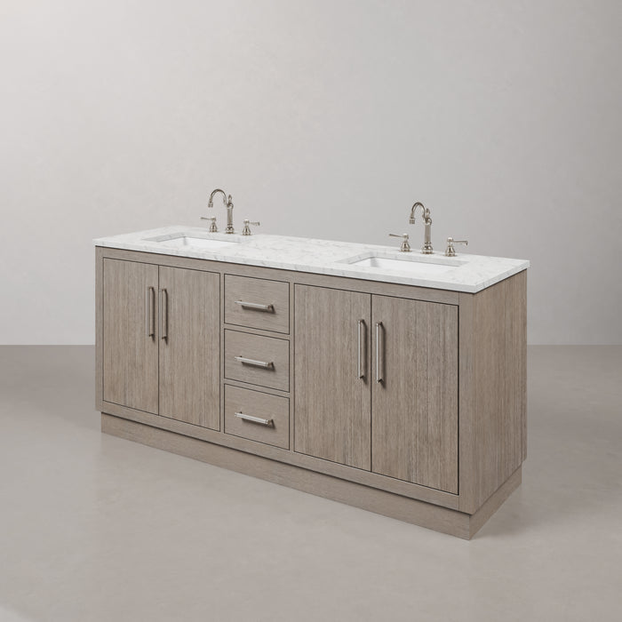 72" Myrrh Carrara Marble Double Bathroom Vanity - Grey Oak Finish with Chrome Hardware