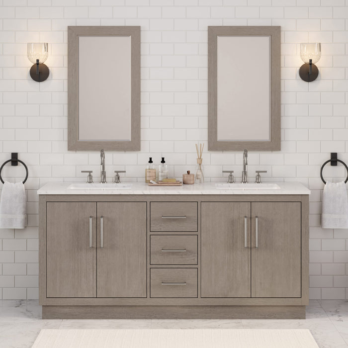 72 Inch Moonstone Grey Oak Double Vanity with Carrara White Marble Top Undermount Sinks with Chrome Hardware & Gooseneck Faucets