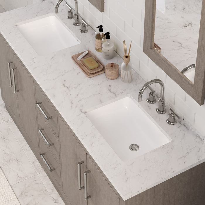 72 Inch Murano Grey Oak Double Sink Bathroom Vanity with Carrara White Marble Countertop & Chrome Hardware