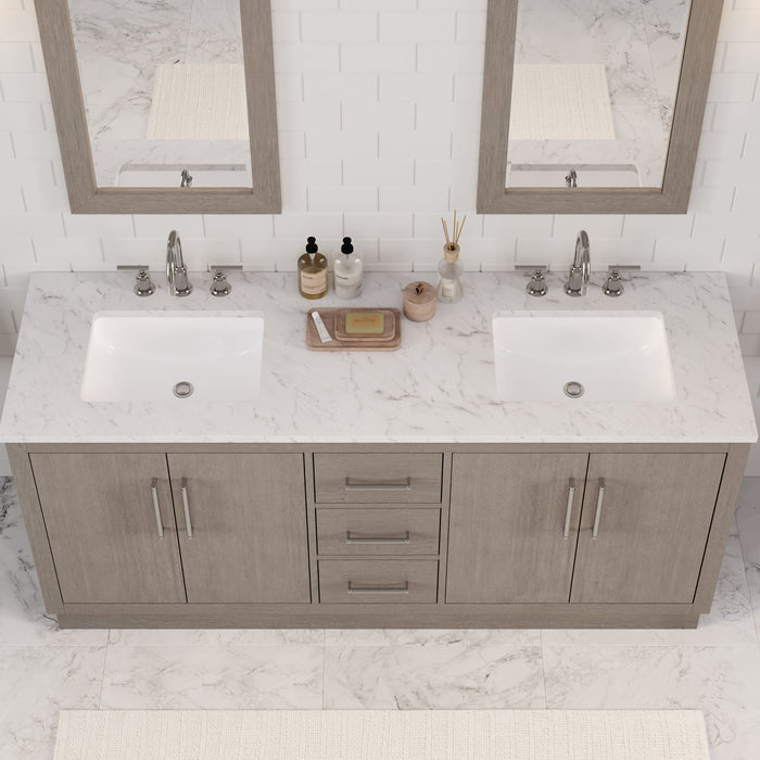72 Inch Murano Grey Oak Double Sink Bathroom Vanity with Carrara White Marble Countertop & Chrome Hardware