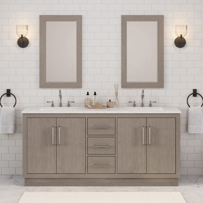72" Myrrh Carrara Marble Double Bathroom Vanity - Grey Oak Finish with Chrome Hardware