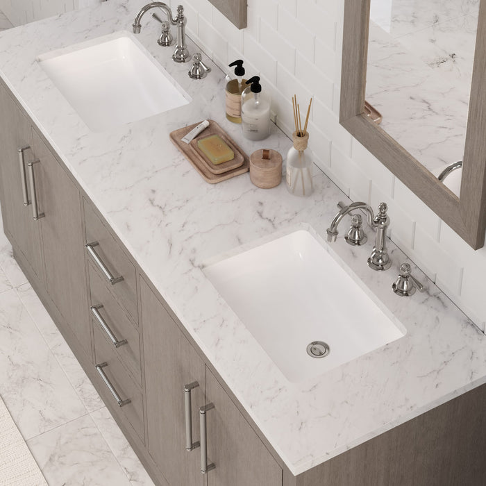 72" Myrrh Carrara Marble Double Bathroom Vanity - Grey Oak Finish with Chrome Hardware