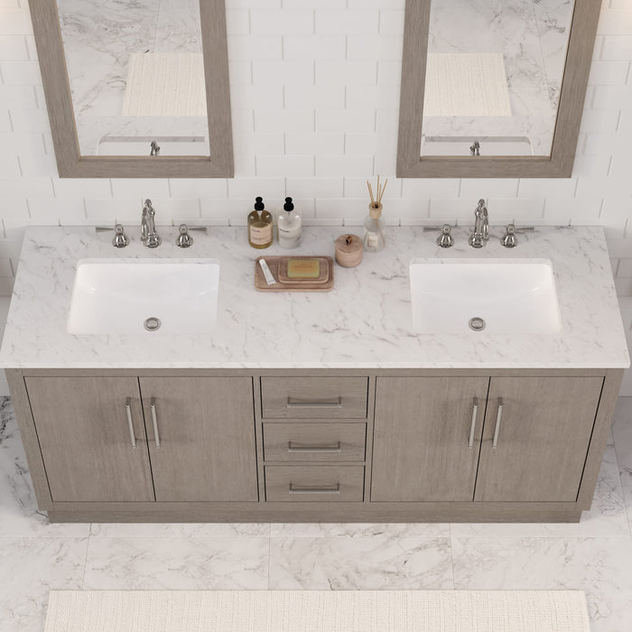 72" Myrrh Carrara Marble Double Bathroom Vanity - Grey Oak Finish with Chrome Hardware