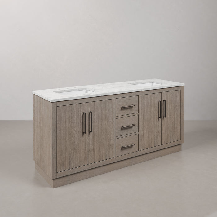 72 Inch Oaken Grey Oak Vanity - Carrara White Marble Single Sink Bathroom Vanity with Soft Close Drawers