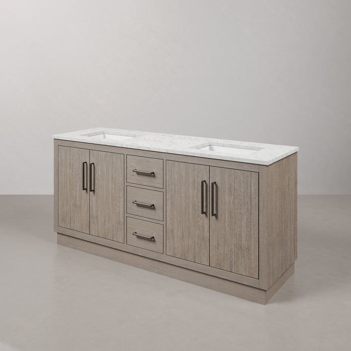 72 Inch Oaken Grey Oak Vanity - Carrara White Marble Single Sink Bathroom Vanity with Soft Close Drawers