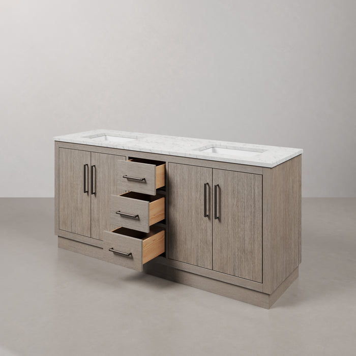72 Inch Oaken Grey Oak Vanity - Carrara White Marble Single Sink Bathroom Vanity with Soft Close Drawers