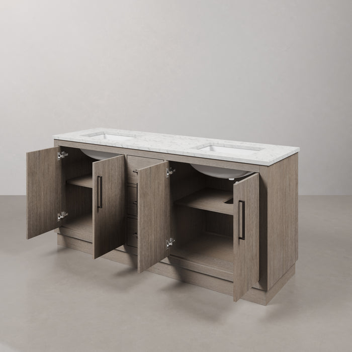 72 Inch Oaken Grey Oak Vanity - Carrara White Marble Single Sink Bathroom Vanity with Soft Close Drawers