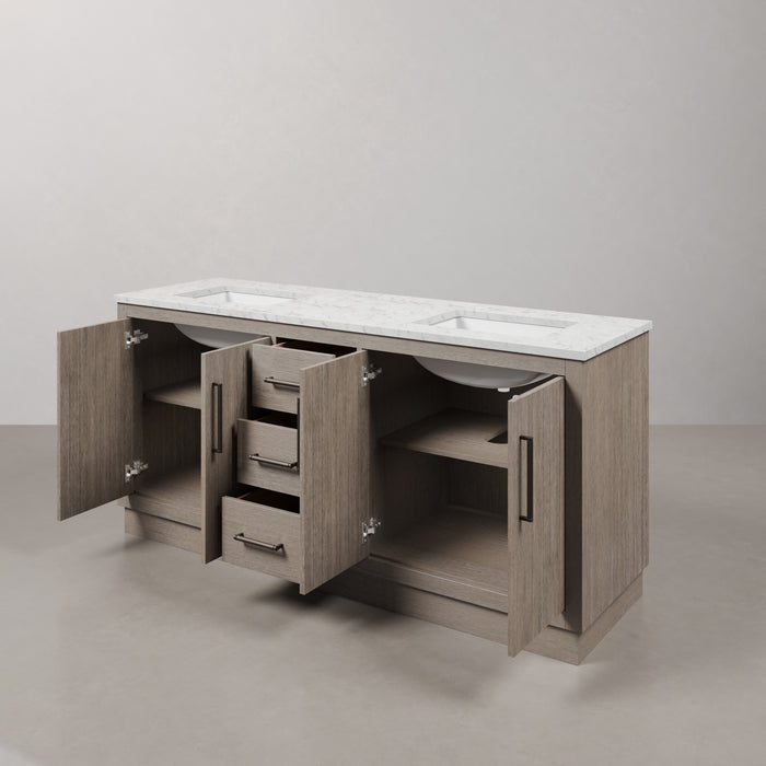 72 Inch Oaken Grey Oak Vanity - Carrara White Marble Single Sink Bathroom Vanity with Soft Close Drawers