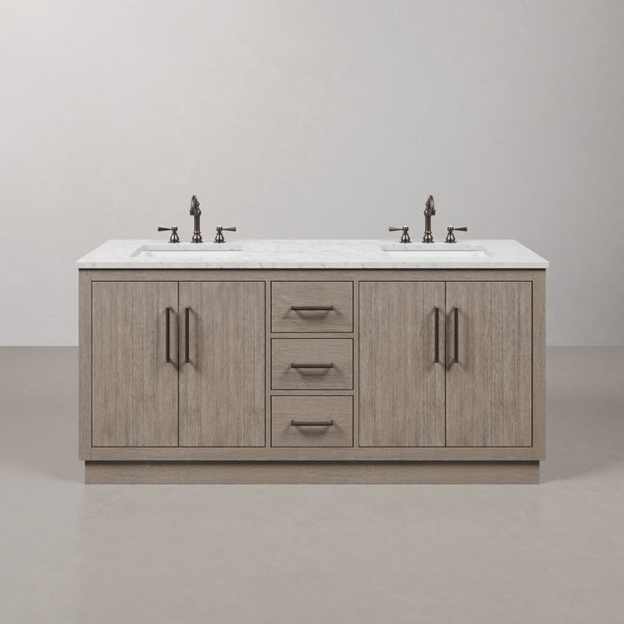 72 Inch Orendae Grey Oak Double Vanity - Carrara Marble Top with Undermount Sinks & Faucets