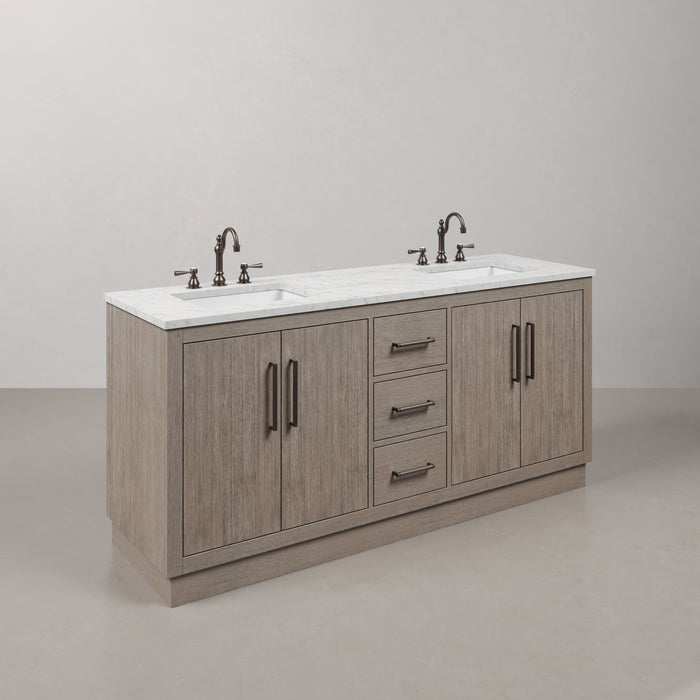 72 Inch Orendae Grey Oak Double Vanity - Carrara Marble Top with Undermount Sinks & Faucets