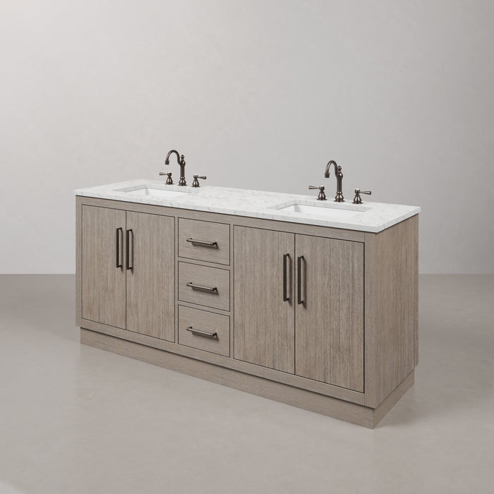 72 Inch Orendae Grey Oak Double Vanity - Carrara Marble Top with Undermount Sinks & Faucets