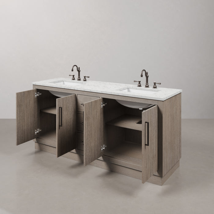 72 Inch Orendae Grey Oak Double Vanity - Carrara Marble Top with Undermount Sinks & Faucets