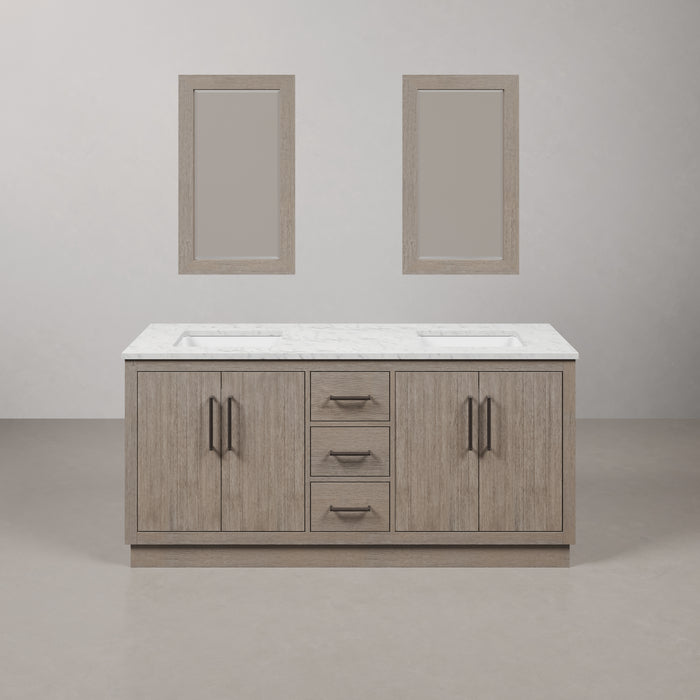 72 Inch Grey Oak Amira Double Vanity with Carrara Marble Top and Brass Hardware