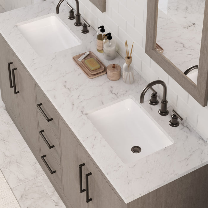 72 Inch Oaken Grey Oak Vanity - Carrara White Marble Single Sink Bathroom Vanity with Soft Close Drawers