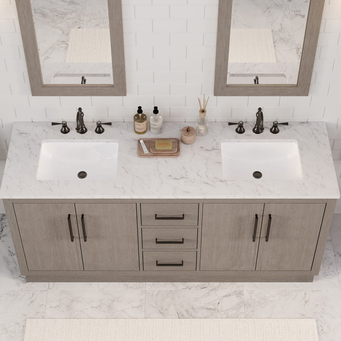 72 Inch Orendae Grey Oak Double Vanity - Carrara Marble Top with Undermount Sinks & Faucets