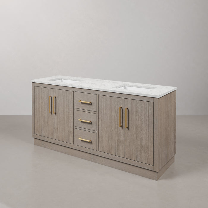 72 Inch Nirvana Double Sink Grey Oak Vanity Carrara White Marble Satin Gold Hardware with Mirrors
