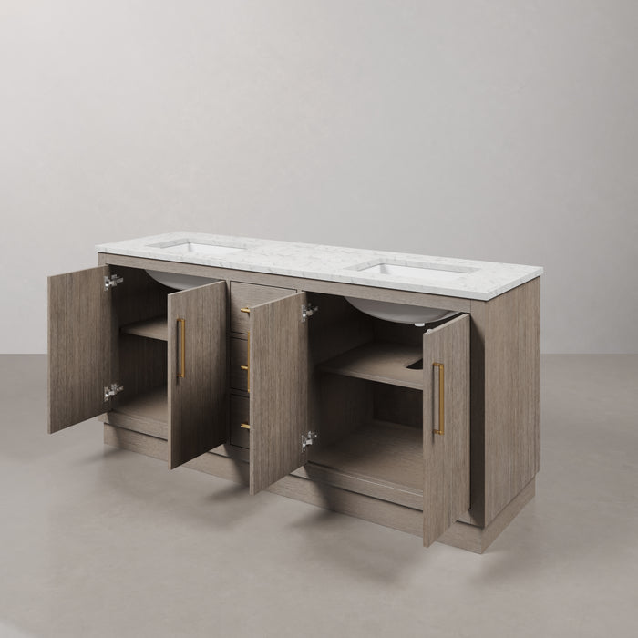 72 Inch Nirvana Double Sink Grey Oak Vanity Carrara White Marble Satin Gold Hardware with Mirrors