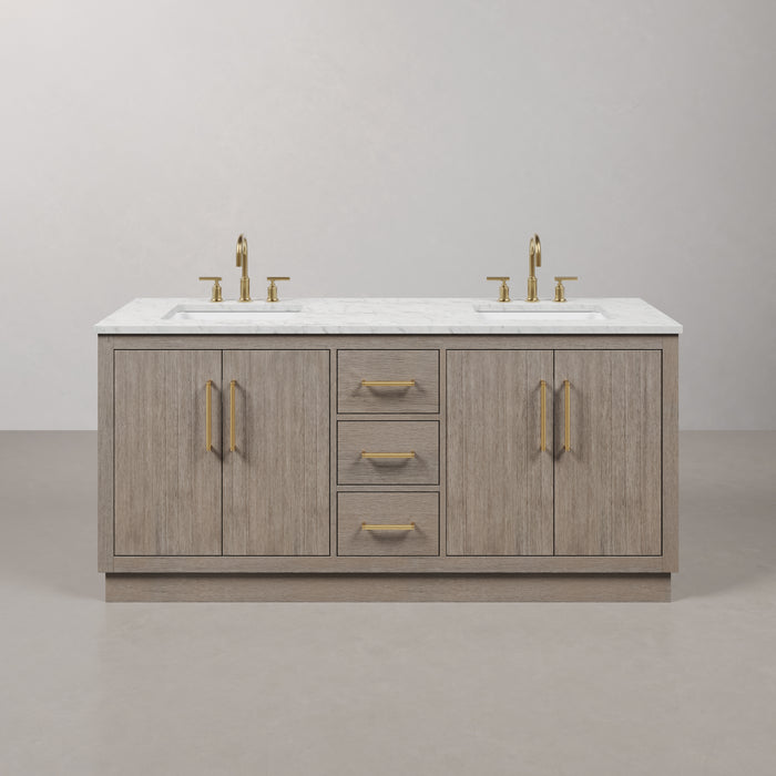 72 Inch Nectar Grey Oak Double Sink Bathroom Vanity with Carrara White Marble Countertop & Satin Gold Hardware