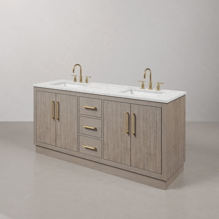 72 Inch Nectar Grey Oak Double Sink Bathroom Vanity with Carrara White Marble Countertop & Satin Gold Hardware