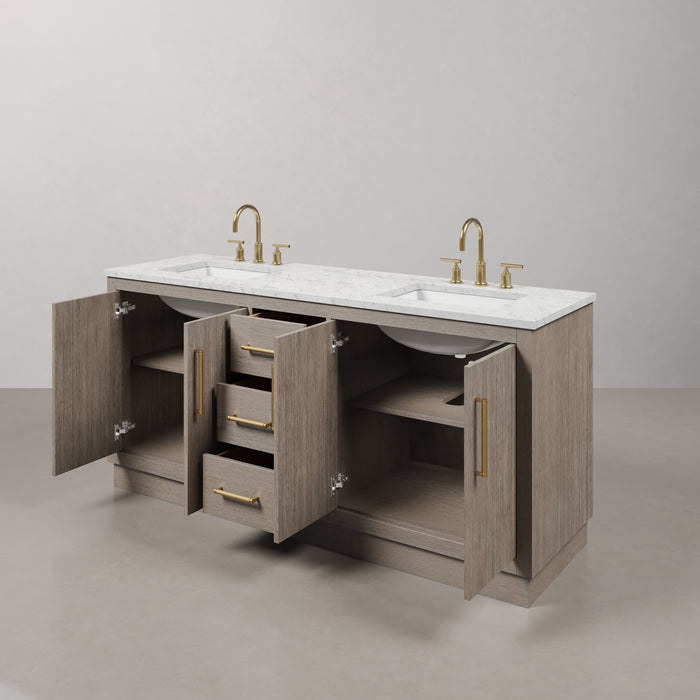 72 Inch Nectar Grey Oak Double Sink Bathroom Vanity with Carrara White Marble Countertop & Satin Gold Hardware