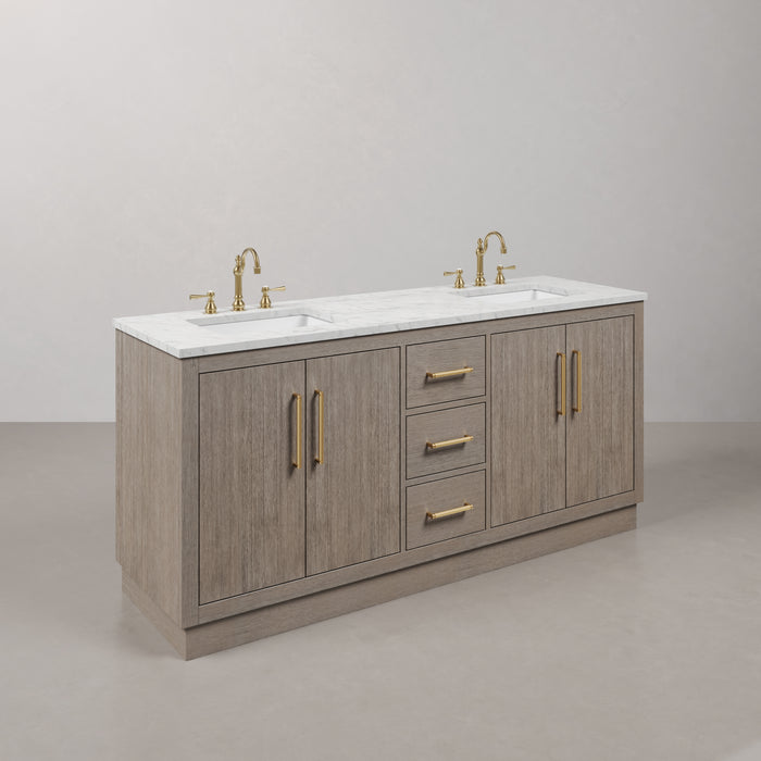 72-Inch Oceane Double Sink Bathroom Vanity Set in Grey Oak with Carrara Marble Satin Gold Hardware, Hook Faucets & Mirrors Included