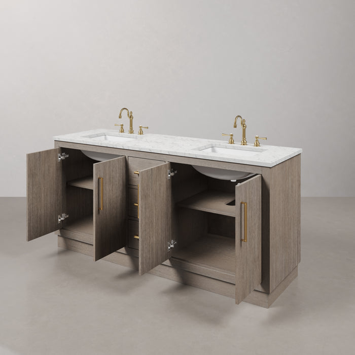 72-Inch Oceane Double Sink Bathroom Vanity Set in Grey Oak with Carrara Marble Satin Gold Hardware, Hook Faucets & Mirrors Included