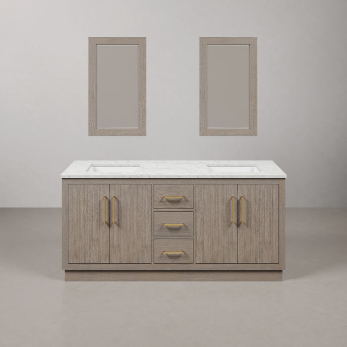 72 Inch Nirvana Double Sink Grey Oak Vanity Carrara White Marble Satin Gold Hardware with Mirrors