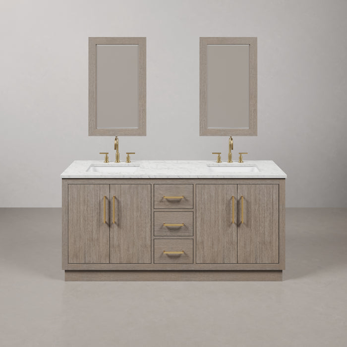 72 Inch Nordica Grey Oak Double Sink Bathroom Vanity - White Marble Countertop Satin Gold Faucets & Mirrors