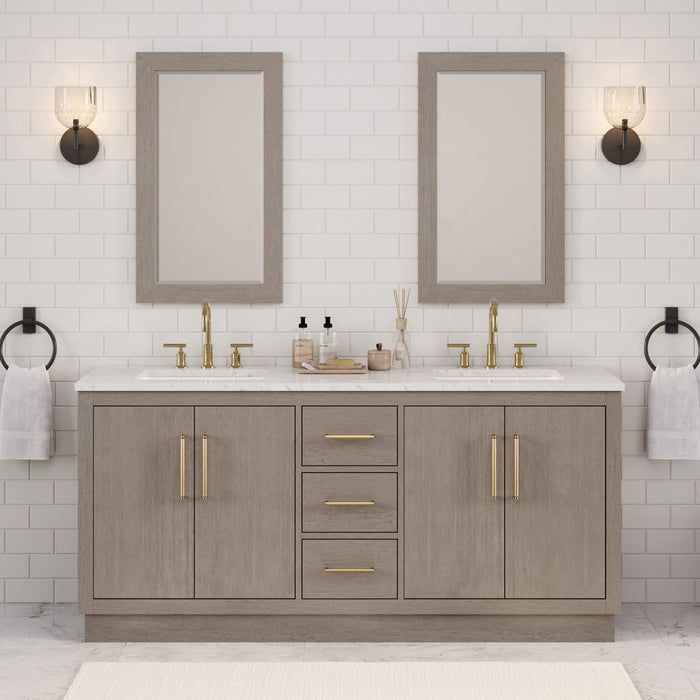 72 Inch Nectar Grey Oak Double Sink Bathroom Vanity with Carrara White Marble Countertop & Satin Gold Hardware