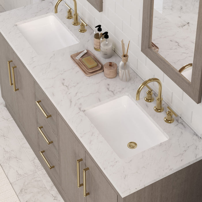 72 Inch Nectar Grey Oak Double Sink Bathroom Vanity with Carrara White Marble Countertop & Satin Gold Hardware