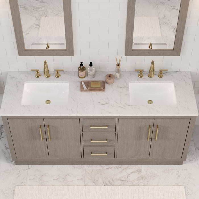 72 Inch Nordica Grey Oak Double Sink Bathroom Vanity - White Marble Countertop Satin Gold Faucets & Mirrors