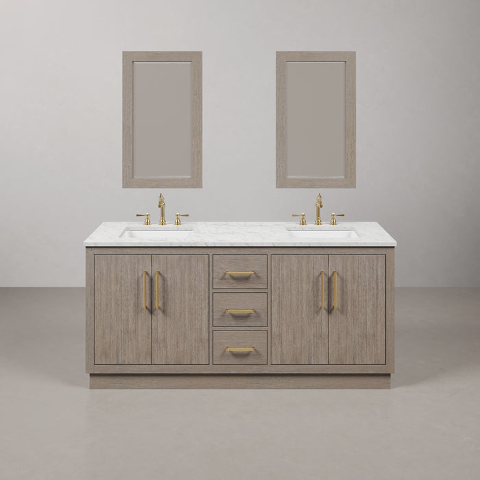 72-Inch Oceane Double Sink Bathroom Vanity Set in Grey Oak with Carrara Marble Satin Gold Hardware, Hook Faucets & Mirrors Included