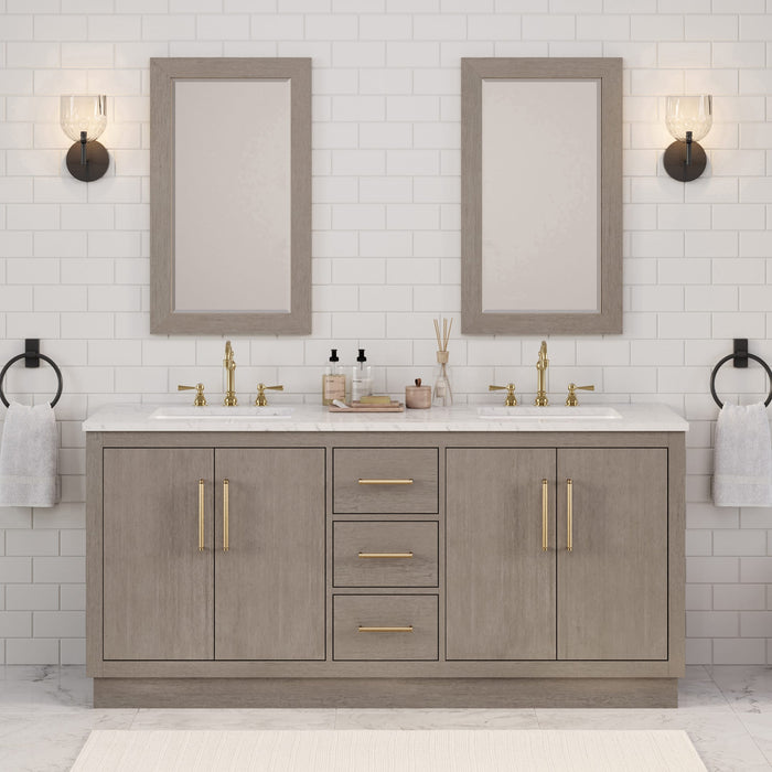 72-Inch Oceane Double Sink Bathroom Vanity Set in Grey Oak with Carrara Marble Satin Gold Hardware, Hook Faucets & Mirrors Included