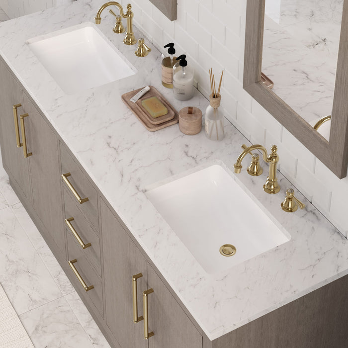 72-Inch Oceane Double Sink Bathroom Vanity Set in Grey Oak with Carrara Marble Satin Gold Hardware, Hook Faucets & Mirrors Included