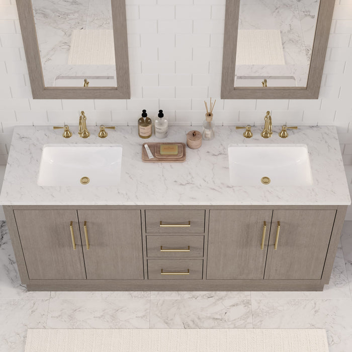 72-Inch Oceane Double Sink Bathroom Vanity Set in Grey Oak with Carrara Marble Satin Gold Hardware, Hook Faucets & Mirrors Included