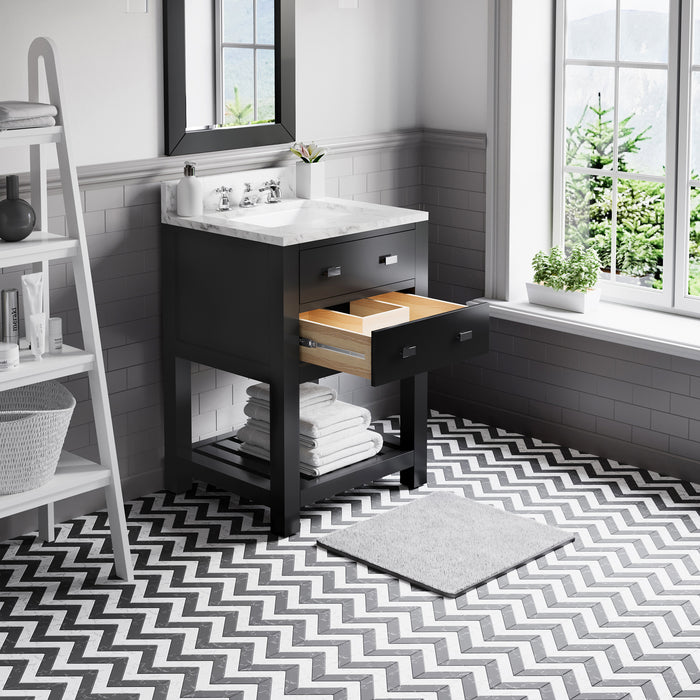 24 Inch Espresso Patchouli Bathroom Vanity Carrara Marble Countertop Single Undermount Sink with Mirror